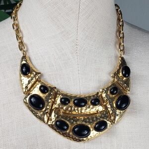 Graziano Hammered Gold w/ Black Cabochon Stones Bold Statement Egyptian Revival